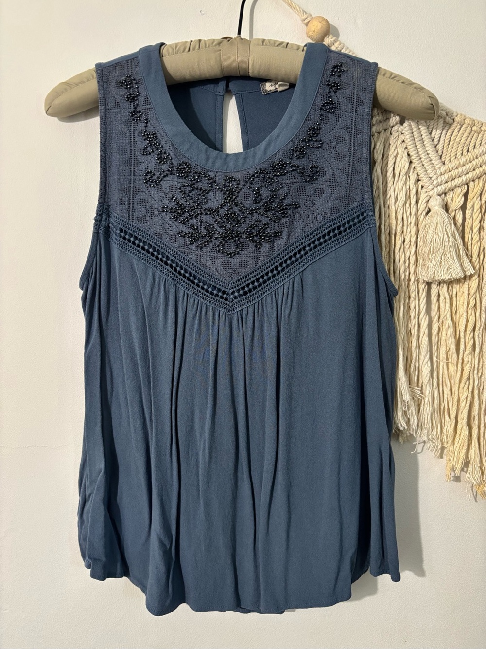 Eyeshadow Blue Sleeveless Beaded Lace Yoke Crochet Sleeveless Top